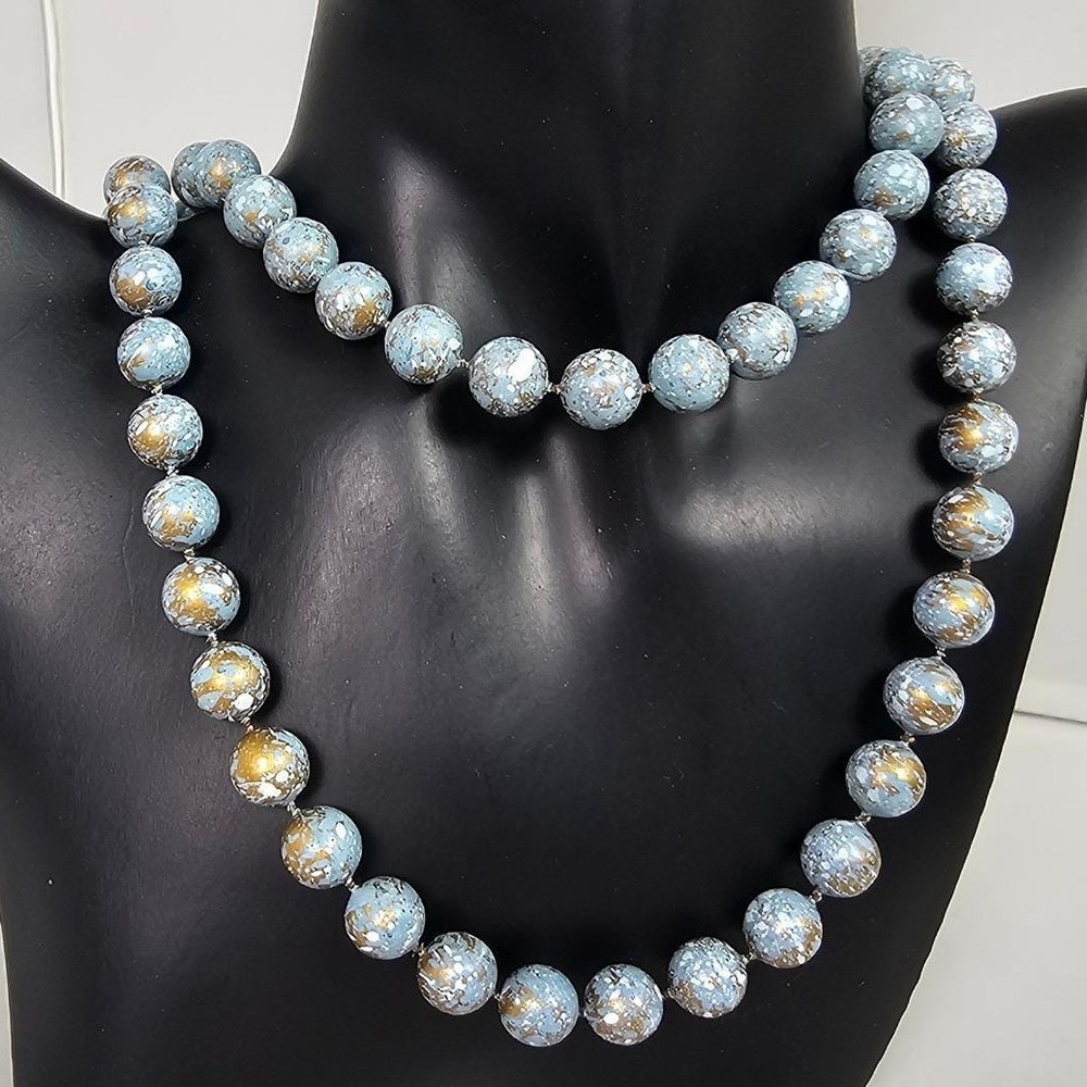 Vintage‎ Blue Gold Speckled Glass Bead Necklace Set Opera Length Hand Knotted